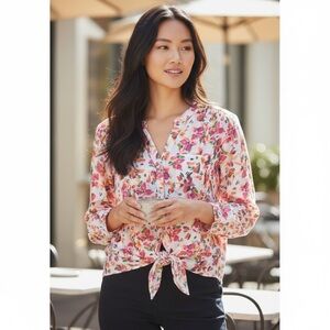 Zac & Rachel Pink Floral Tie Waist Blouse Sz XL Roll Tab Sleeves